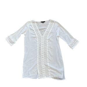 Club Z Collection White Cotton Gauze Swim Cover-Up Tunic, 3/4 Sleeve, Crochet, S